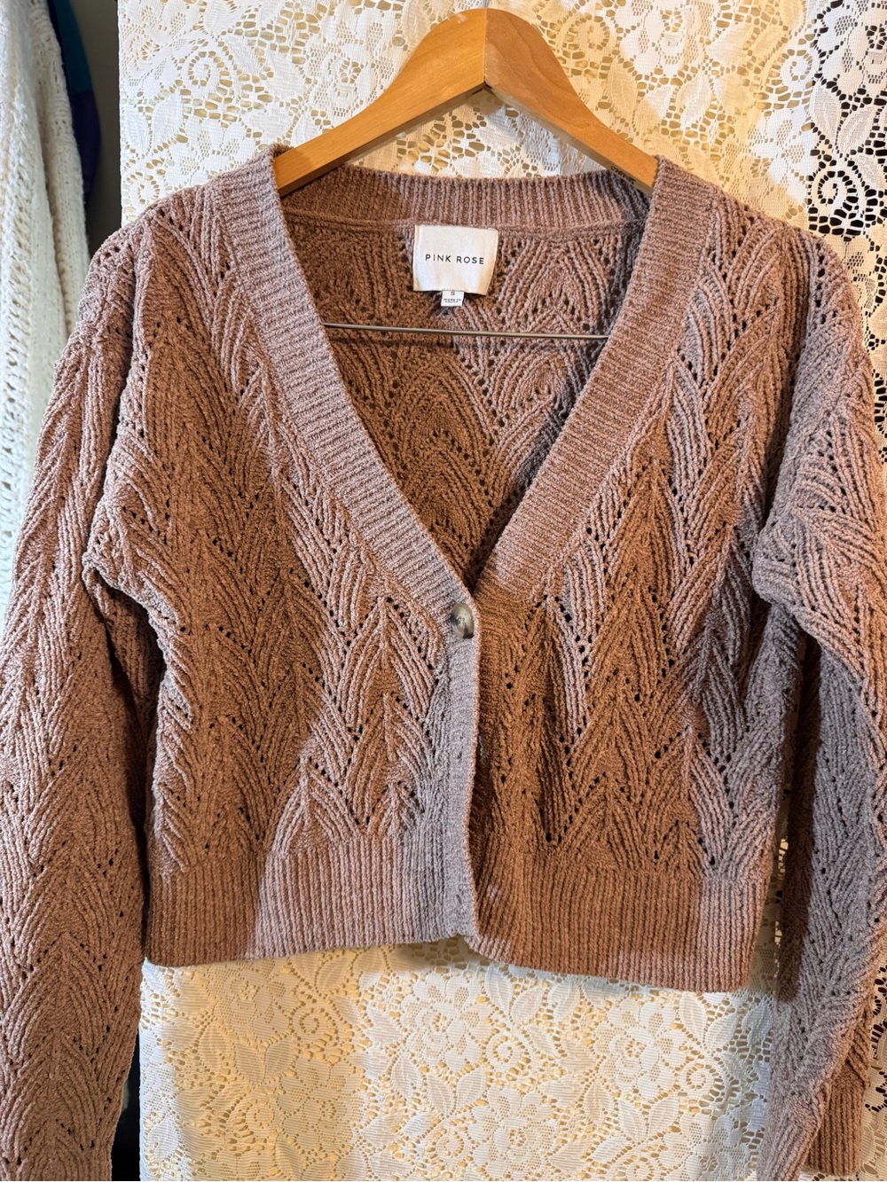 Pink Rose Women's Dusty Taupe Openwork V-Neck Knit Cardigan Small